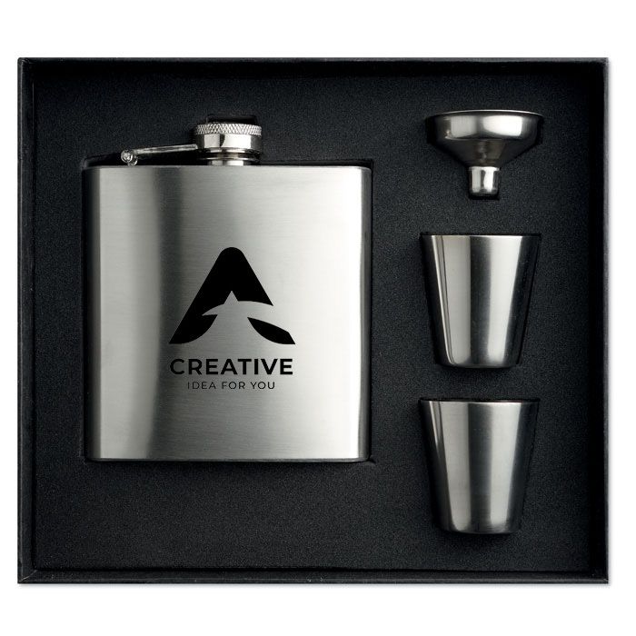 GiftRetail MO8321 - SLIMMY FLASK SET Slim hip flask w 2 cups set